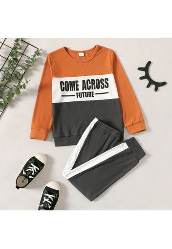 2-piece Kid Boy Letter Print Colorblock Pullover Sweatshirt and Pants Set