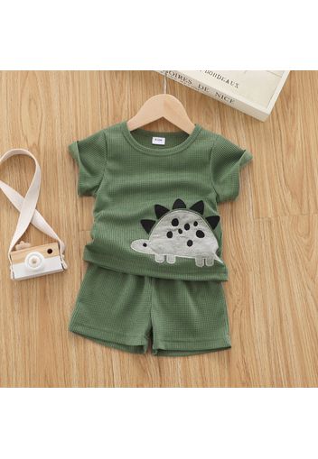 2pcs Baby Boy Sea Turtle Embroidered Green Waffle Short-sleeve Top and Shorts Sets