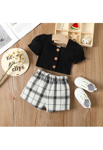 2pcs Baby Girl 95% Cotton Ribbed Puff-sleeve Square Neck Button Up Crop Top and Plaid Shorts Set