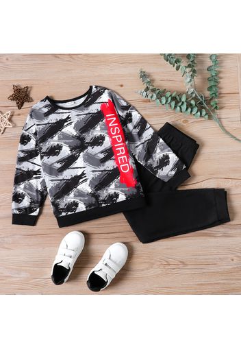 2pcs Kid Boy Letter Camouflage Print Long-sleeve Top and Black Pants Set