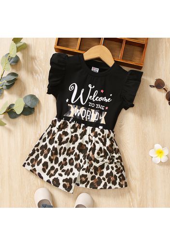 2-piece Toddler Gorl Letter Print Flutter-sleeve Black Tee and Leopard Print Shorts Set