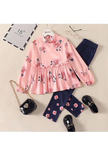 2-piece Kid Girl Floral Print Mock Neck Long-sleeve Peplum Top and Leggings Set