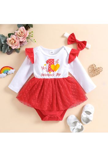 Valentine's Day 2pcs Baby Girl Love Heart and Letter Print Long-sleeve Splicing Mesh Romper with Headband Set