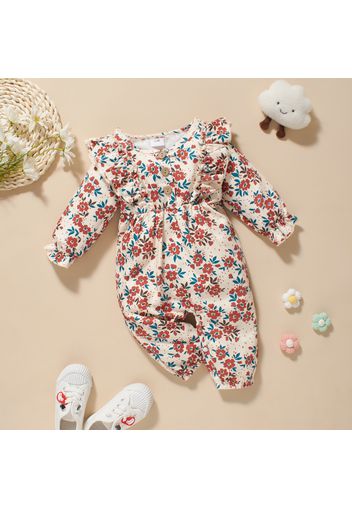 Ribbed All Over Floral Print Ruffle Long-sleeve Baby Jumpsuit