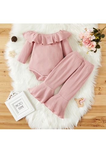 Baby Girl 2pcs Solid Ribbed Ruffle Long-sleeve Romper and Flared Pants Set