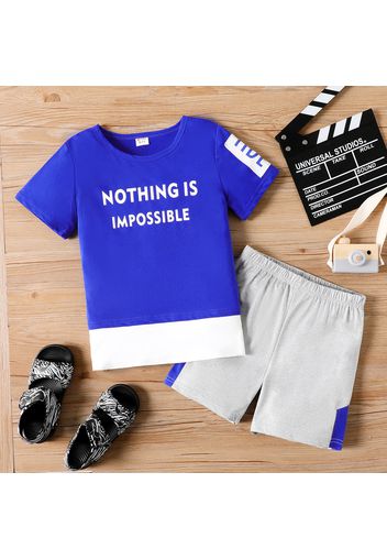 2-piece Kid Boy Letter Print Colorblock Tee and Elasticized Shorts Set