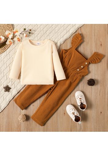 2-piece Toddler Girl 100% Cotton Textured Long-sleeve Top and Ruffled Brown Overalls Set