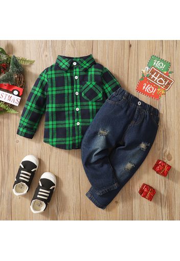 2-piece Toddler Boy Christmas Lapel Collar Button Down Long-sleeve Plaid Shirt and Ripped Jeans Denim Pants Set