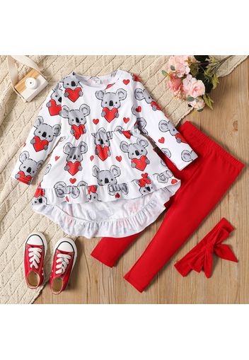 3-piece Toddler Girl Koala Heart Print Ruffled High Flower Long-sleeve Top. Red Pants and Headband Set