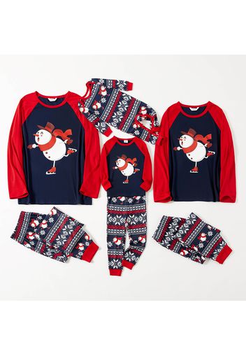 Christmas Cartoon Snowman Print Family Matching Red Raglan Long-sleeve Pajamas Sets