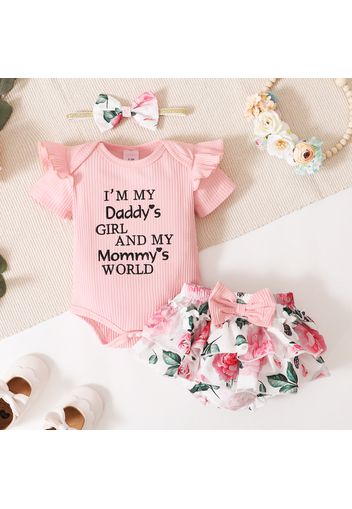 Ribbed 3pcs Letter Embroidery and Floral Print Short-sleeve Baby Set