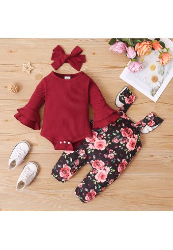 3pcs Baby Girl Solid Ribbed Ruffle Bell Sleeve Romper and Floral Print Overalls Set