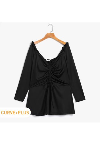 Women Plus Size Elegant Sweetheart Collar Ruched Drawstring Long-sleeve Tee