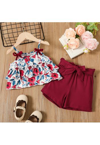 2pcs Toddler Girl Floral Print Bowknot Design Camisole and Belted Red Shorts Set