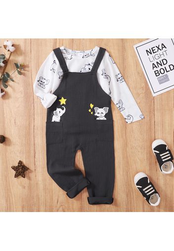 2-piece Toddler Boy/Girl Elephant Print Long-sleeve Tee and Heart Star Print Overalls Set