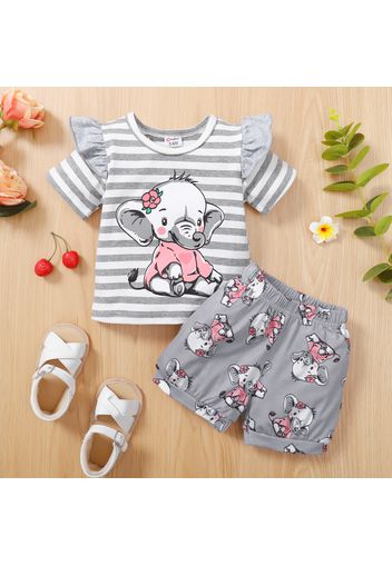 2pcs Baby Girl Cartoon Elephant Print Grey Striped Short-sleeve Tee and Shorts Set