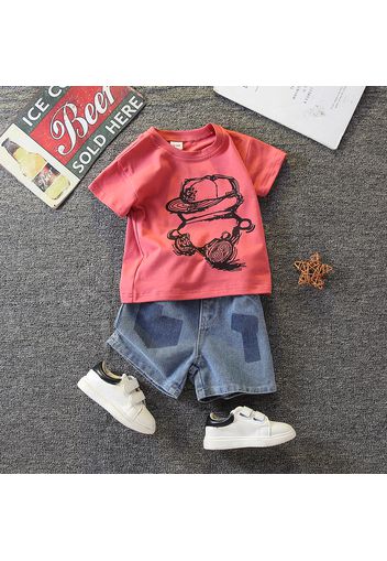 2pcs Toddler Boy Colorblock Denim Shorts and Cartoon Print Tee Set