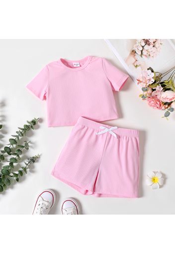 2pcs Toddler Girl Basic Solid Color Ribbed Short-sleeve Tee Bowknot Design Shorts Set