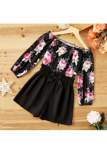 2pcs Kid Girl Floral Print Off Shoulder Long-sleeve Blouse and Bowknot Design Black Shorts Set