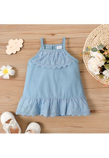 100% Cotton Baby Girl Solid Floral Embroidered Sleeveless Spaghetti Strap Ruffle Dress