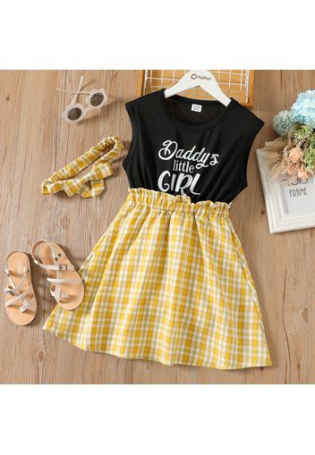 Father's Day Kid Girl Letter Print Plaid Splice Sleeveless Dress