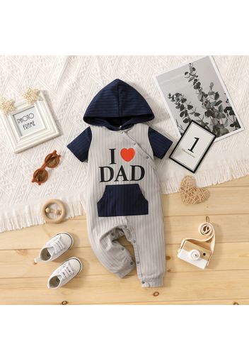 Baby Boy/Girl Love Heart and Letter Print Colorblock Ribbed Short-sleeve Hooded Jumpsuit