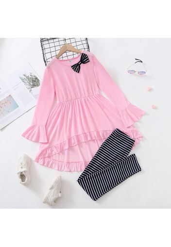 2-piece Kid Bowknot Design Ruffle Hem High Low Long-sleeve Pink Top and Stripe Leggings Set