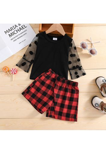 100% Cotton 2pcs Baby Girl Black Polka Dots Mesh Long-sleeve Top and Plaid Shorts Set