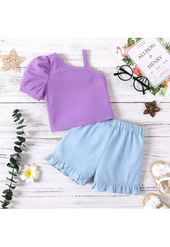 2pcs Baby Girl 100% Cotton Ruffle Hem Shorts and Ribbed One Shoulder Puff-sleeve Top Set