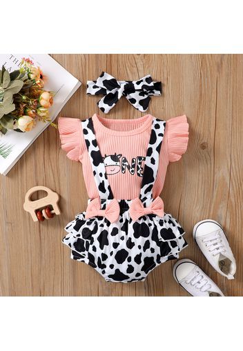 3pcs Baby Girl Cow Print Ribbed Flutter-sleeve Top and Bowknot Layered Suspender Shorts with Headband Set