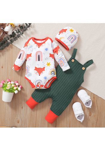 3pcs Baby Boy Cartoon Fox Print Long-sleeve Romper and Solid Cable Knit Textured Overalls Set