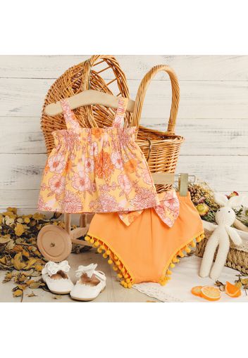 2pcs Baby Girl Floral Print Sleeveless Tank Top and Bowknot Pom Poms Shorts Set