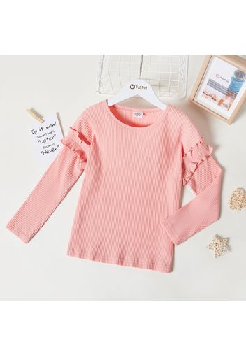 Kid Girl Sweet Ruffle Solid Ribbed Long-sleeve T-shirt