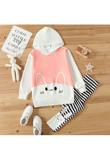 2-piece Kid Girl Animal Rabbit Print Colorblock Hoodie Sweatshirt and Stripe Pants Set