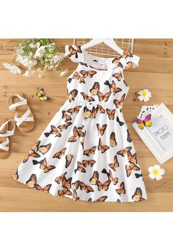 Kid Girl Butterfly Print Elasticized Waist Ruffled Sleeveless Dress