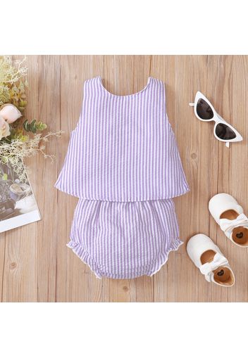 100% Cotton 2pcs Baby Girl Bowknot Design Purple Striped Seersucker Sleeveless Top and Shorts Set