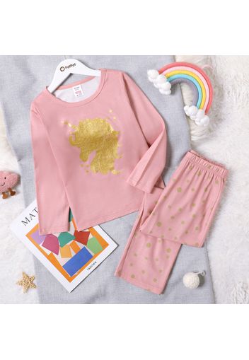 2-piece Kid Girl Golden Unicorn/Rainbow Print Long-sleeve Tee and Polka dots/Unicorn Print Pants Set