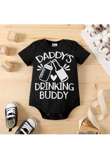 Baby Boy Ribbed Short-sleeve Milk and Beer Bottle Letter Print Romper