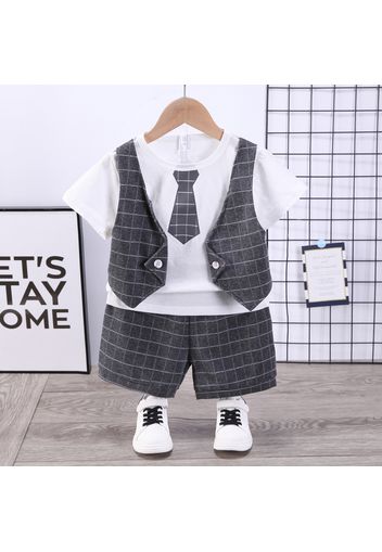 2pcs Toddler Boy Gentleman Suit, Faux-two Tee and Plaid Shorts Set