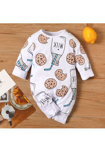 Milk and Cookie Print Long-sleeve White Baby Jumpsuit