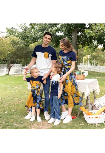 100% Cotton Tie Dye Splicing Short-sleeve Family Matching Sets（ Belted Midi Dresses and Colorblock T-shirts）