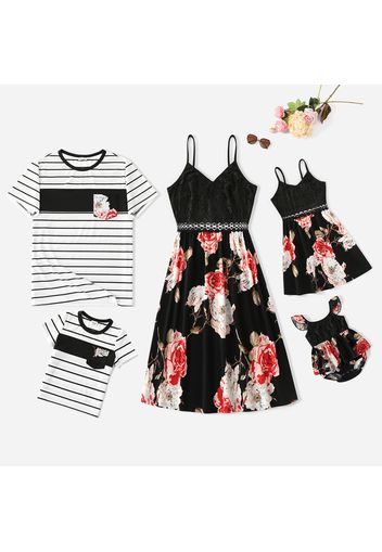 Family Matching Black Lace Spaghetti Strap Splicing Floral Print Dresses and Striped Short-sleeve T-shirts Sets