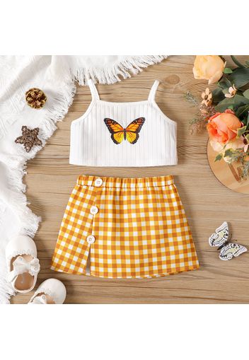 2pcs Baby Girl Butterfly Print Ribbed Camisole and Plaid Split Skirt Set