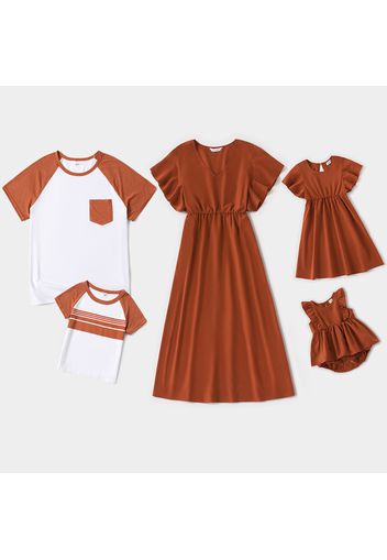 Family Matching Brown V Neck Ruffle Short-sleeve Dresses and Raglan-sleeve T-shirts Sets