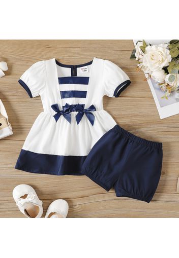 2pcs Baby Girl Colorblock Puff-sleeve Bowknot Dress with Shorts Set