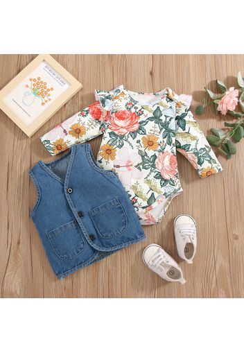 2pcs Baby Girl Floral Print Long-sleeve Romper and Denim Vest Set