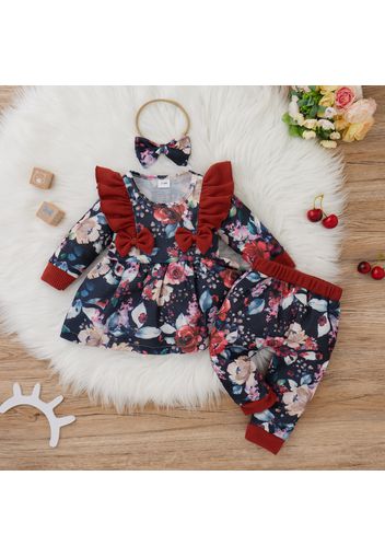 3pcs Baby Girl All Over Floral Print Waffle Ruffle Bowknot Long-sleeve Top and Trousers Set