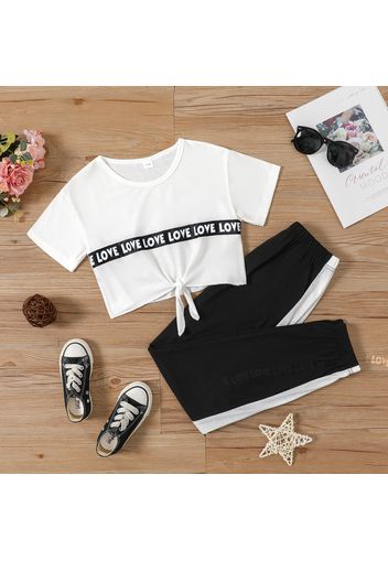 2-piece Kid Girl Letter Print Tie Knot Tee and Colorblock Elasticized Pants Set