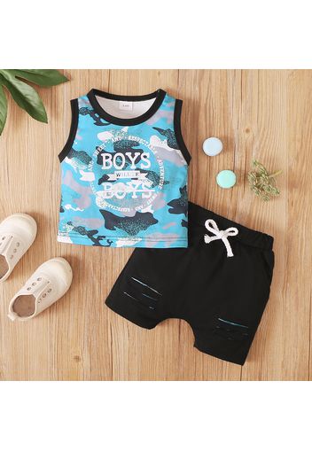 2pcs Baby Boy Letter Print Camouflage Sleeveless Tank Top and Ripped Shorts Set