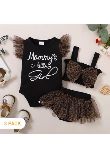 3pcs Baby Girl Leopard Mesh Design Letter Print Flutter-sleeve Romper and Bow Front Shirred Camisole with Shorts Set